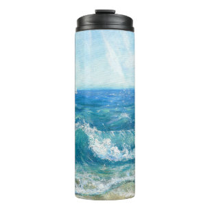 Garrafa Térmica Paisagem de verão, ondas azuis, pintura acrílica.