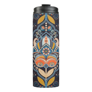 Garrafa Térmica Paisley floral sem costura. Fundo escuro com