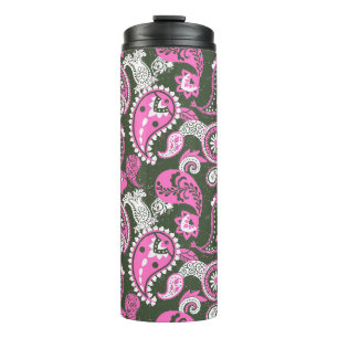 Garrafa Térmica Paisley Linocut tradicional cor-de-rosa-quente e f