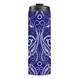 Garrafa Térmica Paisley monocromo: elegância azul e branca.