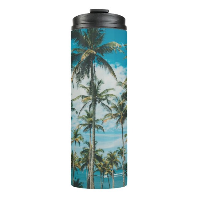 Garrafa Térmica Palmeiras acima do oceano, vinhas amontoadas e ret (Frente)