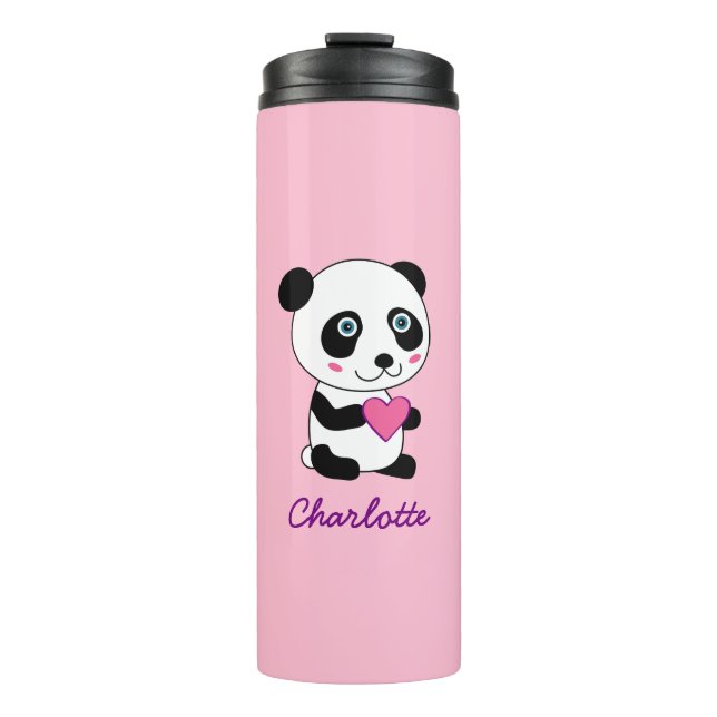 Garrafa Térmica Panda bonita com coração rosa personalizado (Frente)