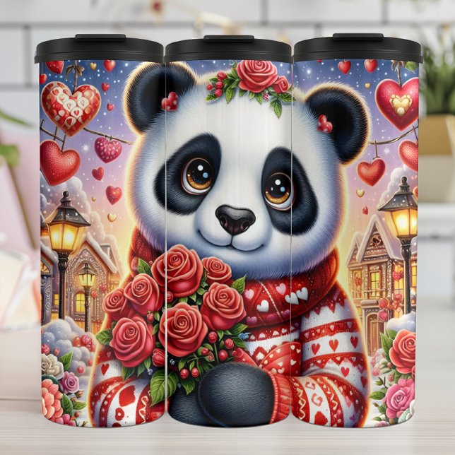 Garrafa Térmica Panda Fofo Buquê de Rosas de Inverno (Criador carregado)