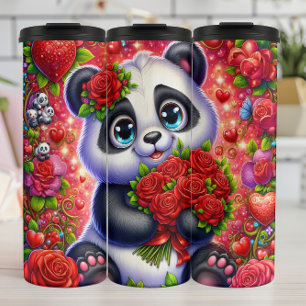 Garrafa Térmica Panda Fofo Embrulho de Buquê de Rosa Vermelha