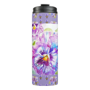 Garrafa Térmica Pansies florais roxas pintadas à mão