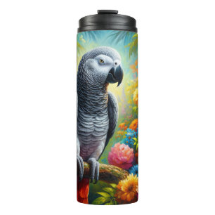 Garrafa Térmica Papagaio de Cinza Africano com Flores Coloridas