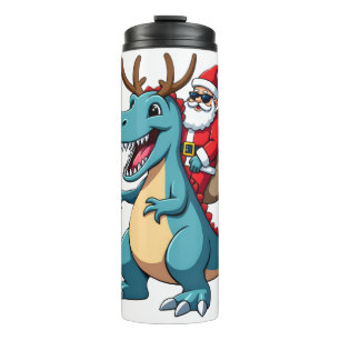 Garrafa Térmica Papai Noel de Natal Cavalgando Dinossauro Veado Na