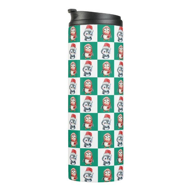 Garrafa Térmica Papais noeis pinguins aquarela Padrão Feliz de Nat (Rotação à direita)