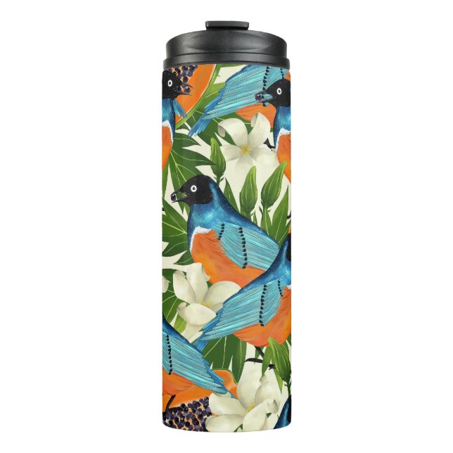 Garrafa Térmica Papaya tropical e padrão de pássaros. (Frente)