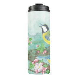 Garrafa Térmica Pássaros cantando em um galho de árvore florescent