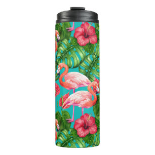 Garrafa Térmica Pássaros Flamingo e aquarela de jardim tropical