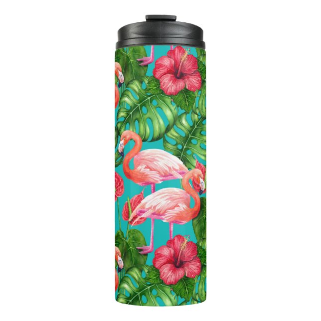 Garrafa Térmica Pássaros Flamingo e aquarela de jardim tropical (Frente)