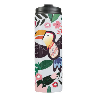 Garrafa Térmica Pássaros tropicais, padrão de rabiscos florais.