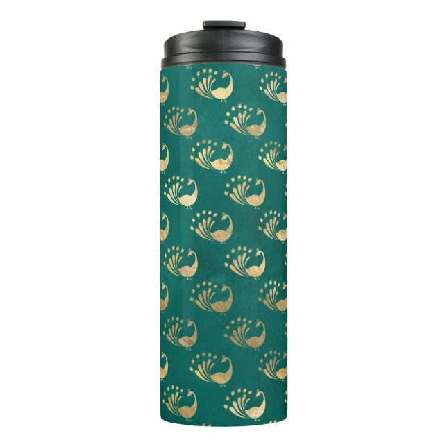 Garrafa Térmica Pavão em Teal e Dourado Grunge Vintage (Frente)
