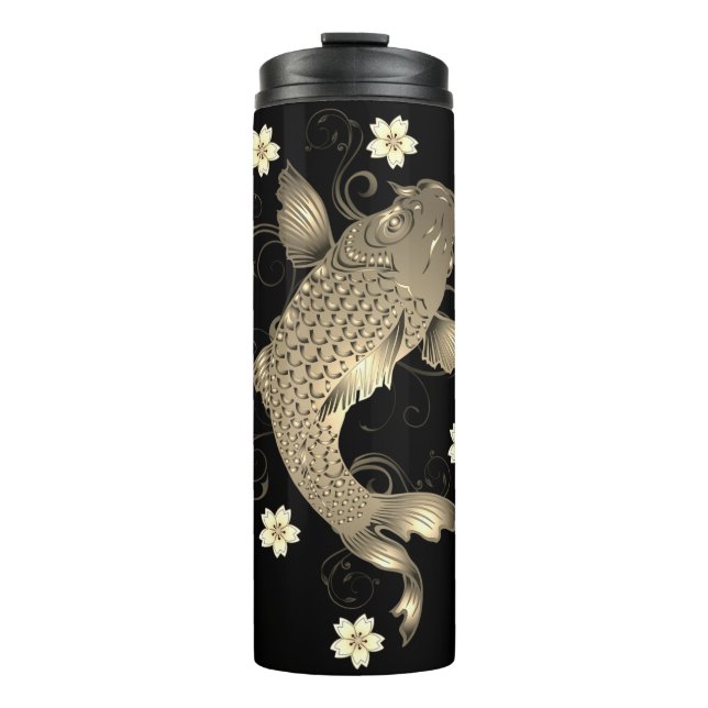 Garrafa Térmica Peixe-koi, preto oriental e ouro, elegante floral (Frente)