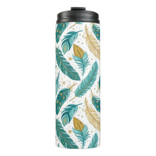Garrafa Térmica Penas Boho Azul e Dourado