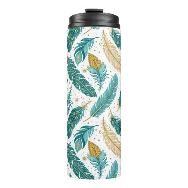 Garrafa Térmica Penas Boho Azul e Dourado (Frente)