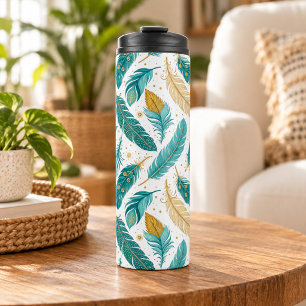 Garrafa Térmica Penas Boho Azul e Dourado