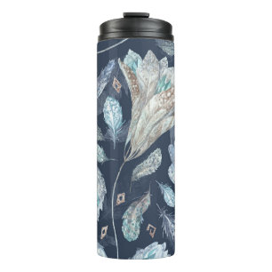 Garrafa Térmica Penas Chic Boho Flores: Azul Escuro-Aquarela P