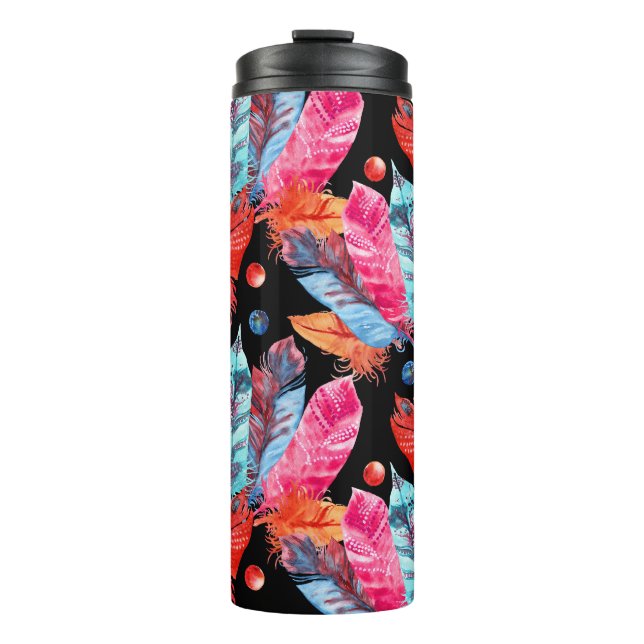 Garrafa Térmica Penas coloridas, boho, sem costura, vibrante. (Frente)