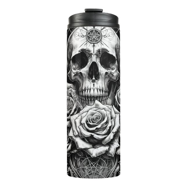 Garrafa Térmica Pentáculo Crânio Esqueleto & Rosas Arte Tarot (Frente)