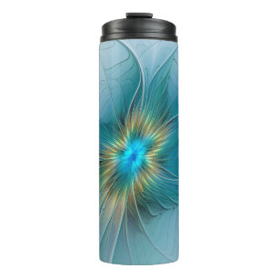Garrafa Térmica Pequena Beleza Arte Fractal Flor Azul Moderno Dour
