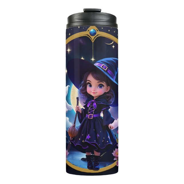 Garrafa Térmica Pequena bruxa com olhos grandes e brilhantes. (Frente)