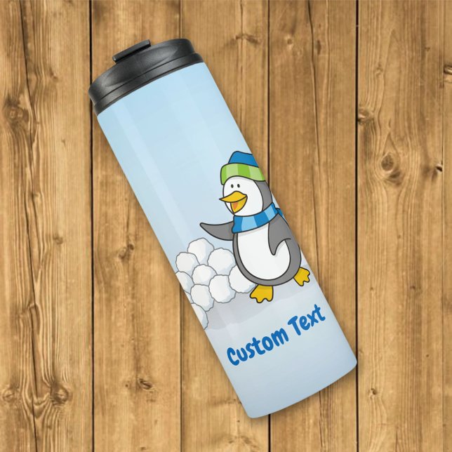 Garrafa Térmica Pequeno pinguim com bolas de neve balançando um tu (Criador carregado)