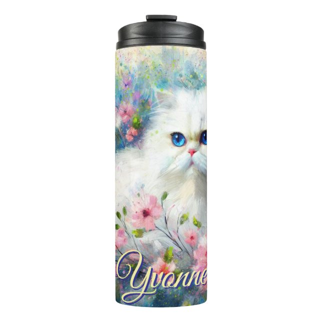 Garrafa Térmica Persian Cat Blue Eyes in Pink Flowers Personalized (Frente)