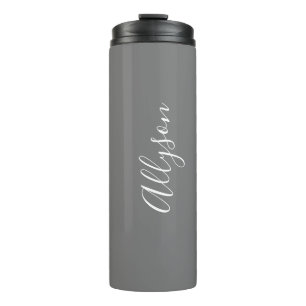 Garrafa Térmica Personalizar Nome Branco Script Vertical, Cinza