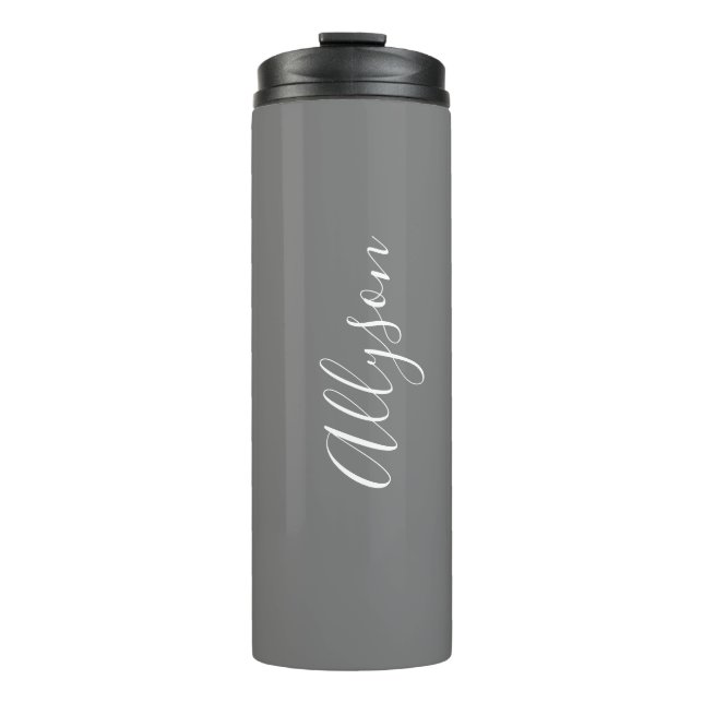 Garrafa Térmica Personalizar Nome Branco Script Vertical, Cinza (Frente)