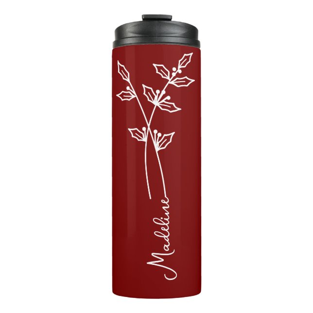 Garrafa Térmica Personalize o nome, dezembro Nascimento Flor Verme (Frente)