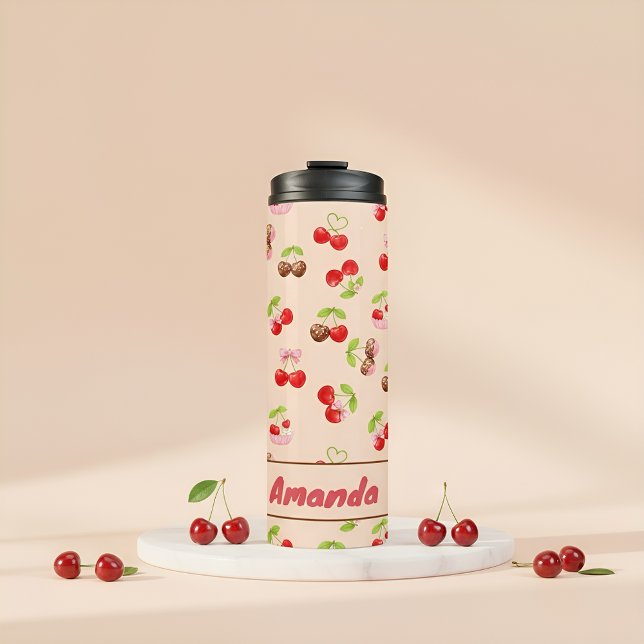 Garrafa Térmica Personalized Cherry Dessert Pattern Cute Name (Criador carregado)