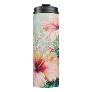 Garrafa Térmica Pêssego Rosa Tropical Hibiscus Floral Aniversário