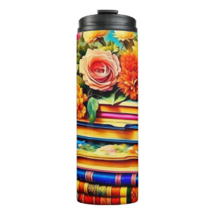 Garrafa Térmica Pilha de Livros e Flores Vintage