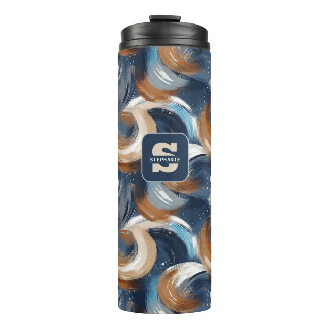 Garrafa Térmica Pincéis de Abstrato em azul, branco e castanho (Frente)