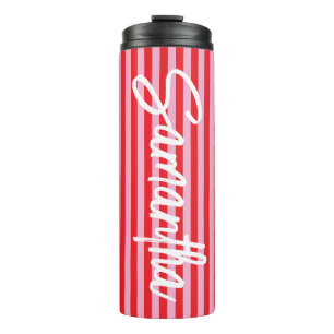 Garrafa Térmica Pincel Script Personalizado Listras Rosa e Vermelh