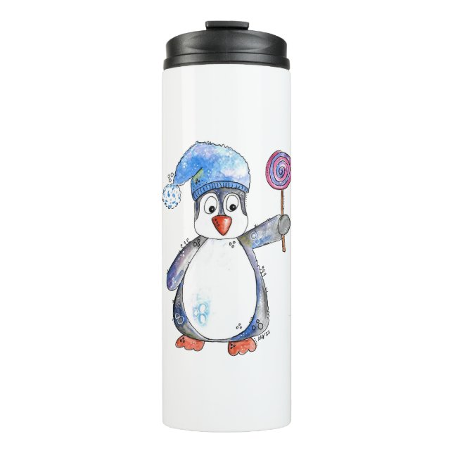 Garrafa Térmica Pinguim Caprichoso Fofo com uma Pirulito (Frente)