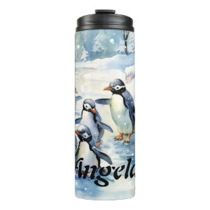 Garrafa Térmica Pinguins de Aquarela Adoráveis no gelo