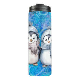Garrafa Térmica Pinguins de Aquarela Azul-Inverno Escarpando Chapé