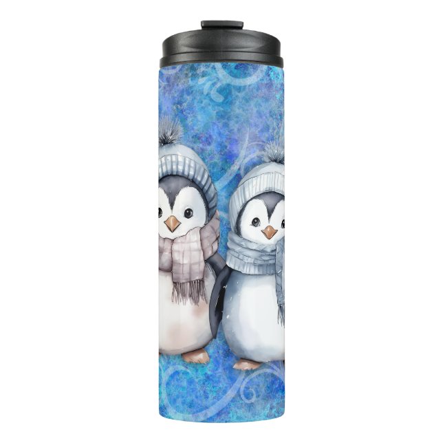Garrafa Térmica Pinguins de Aquarela Azul-Inverno Escarpando Chapé (Frente)