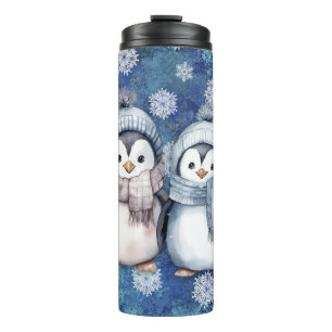 Garrafa Térmica Pinguins de Aquarela Azul-Inverno Escarpando Chapé