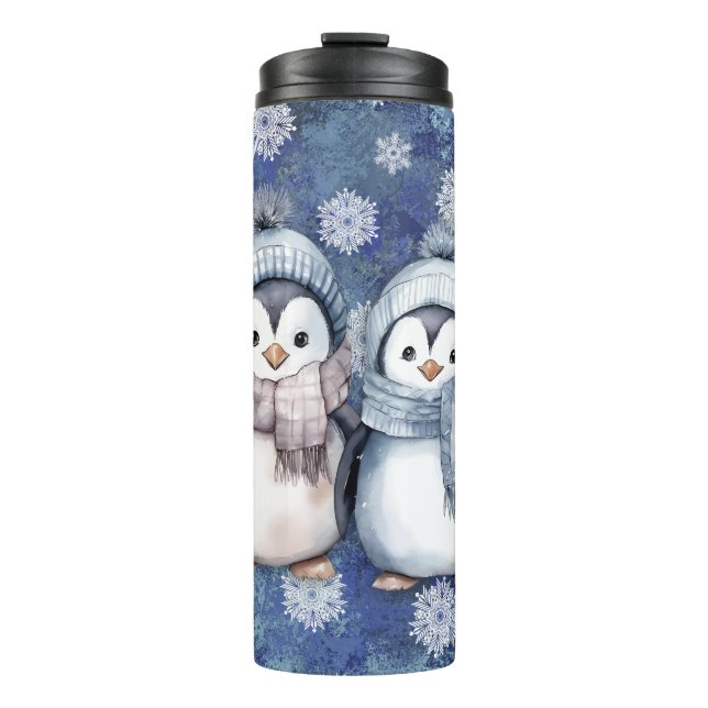 Garrafa Térmica Pinguins de Aquarela Azul-Inverno Escarpando Chapé (Frente)