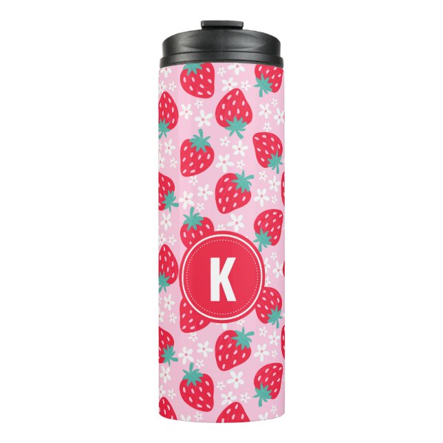 Garrafa Térmica Pink Red Strawberries Floral  Pattern Monogram (Frente)