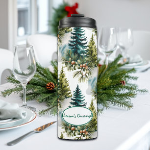 Garrafa Térmica Pino de Aquarela Padrão Elegante Inverno