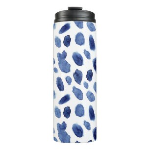 Garrafa Térmica Pintado À Mão, Manchas Azuis De Aquarela.