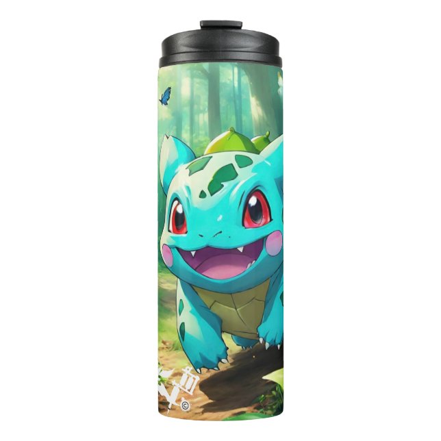 Garrafa Térmica Pintado Pokémon Bulbasaur perseguindo borboletas (Frente)