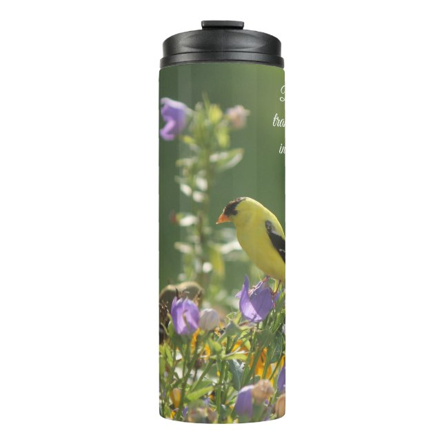 Garrafa Térmica Pintassilgo em uma Flor de Campainha    (Frente)
