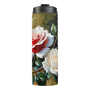 Garrafa Térmica Pintura a óleo de rosas rosa branco vermelho bonit