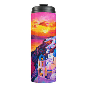 Garrafa Térmica pintura a óleo na canvas. O pôr do sol sobre a il